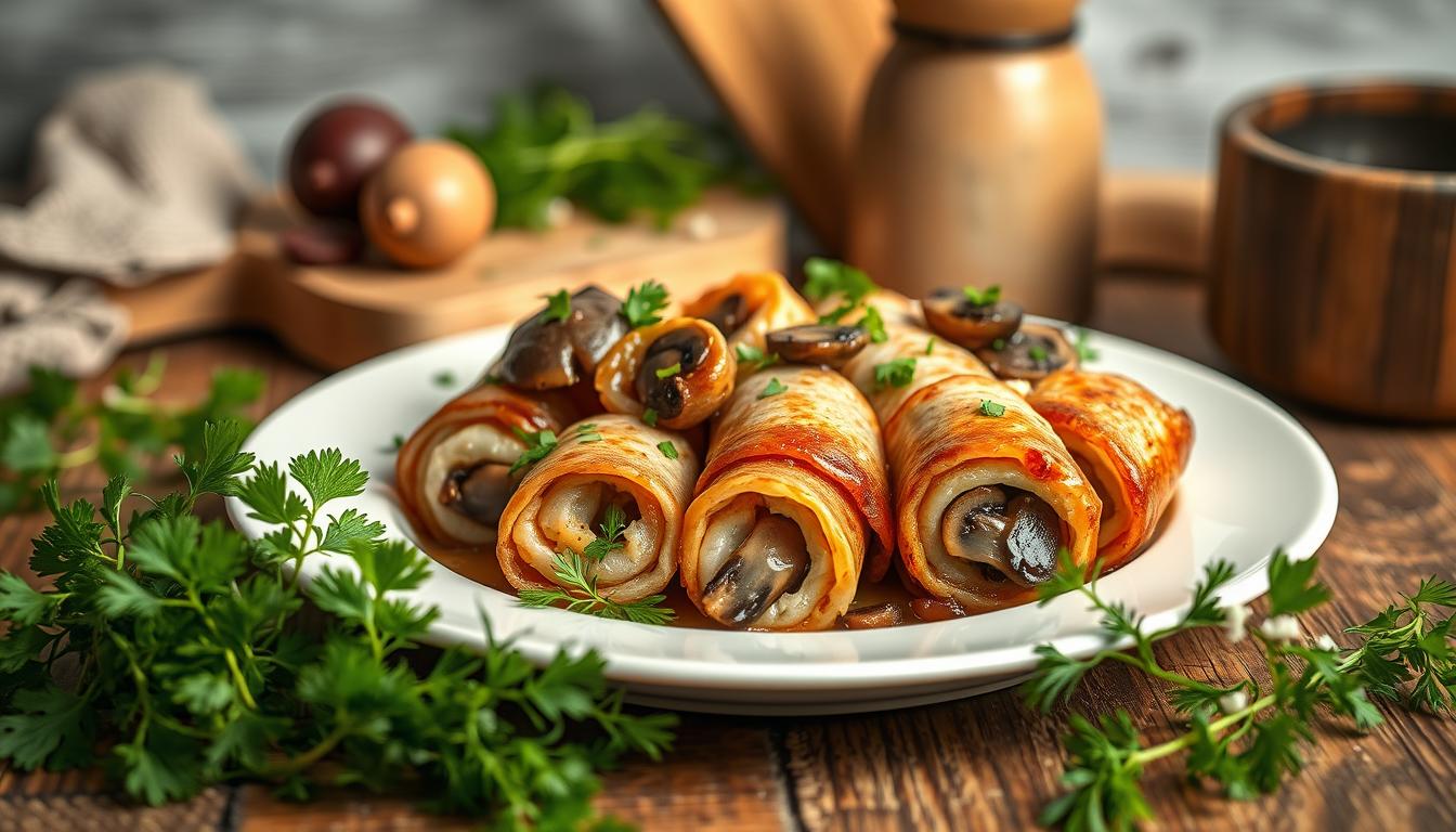 Roladki ze schabu z pieczarkami i serem