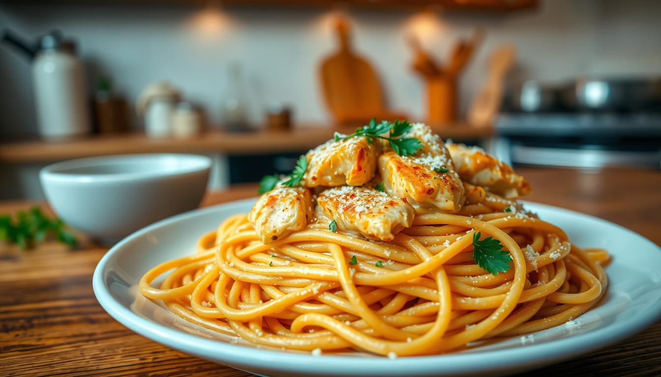 Spaghetti z kurczakiem w sosię śmietanowym